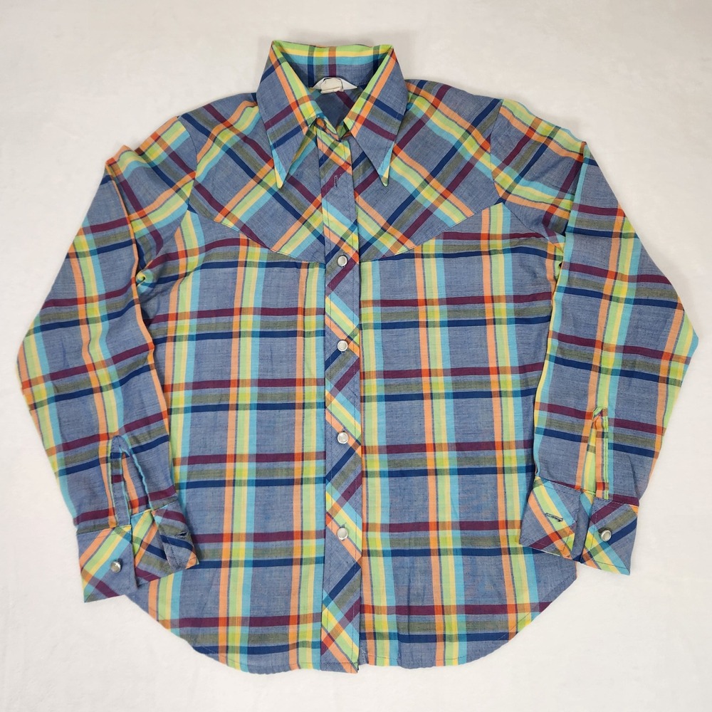 Vintage 70s Levis Fresh Produce Plaid Western Shirt Big E Orange Tab Multi-Color